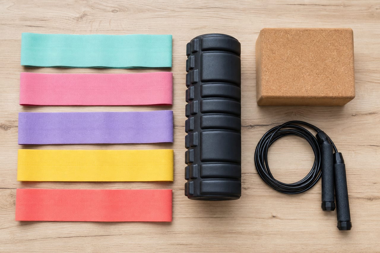 Resistance bands, foam roller, cork block and skipping rope