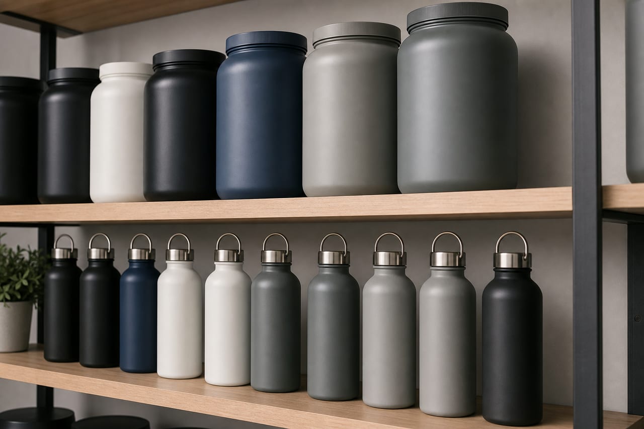 Steel water bottles on shelves